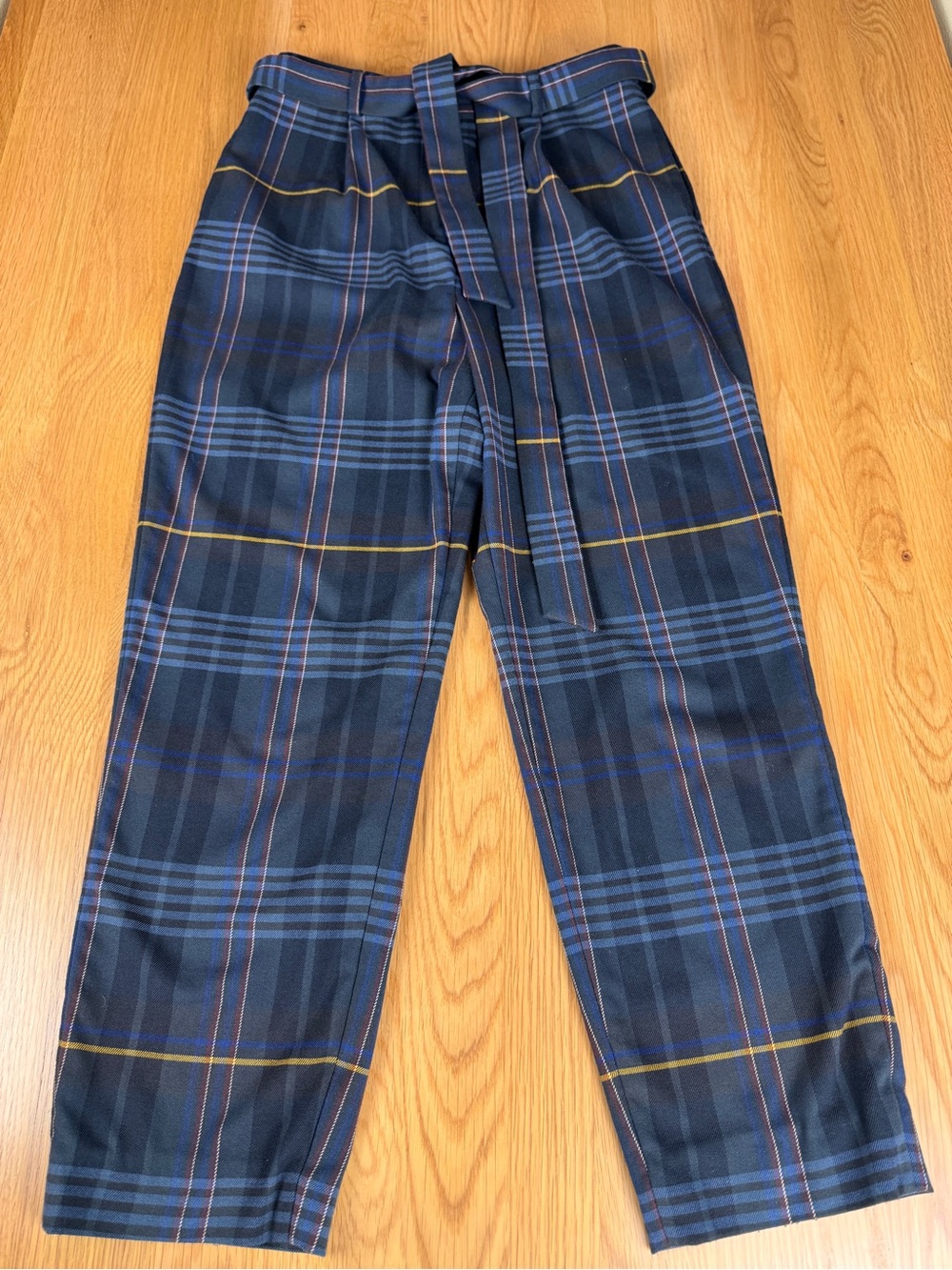 Ted Baker Navy and Blue Plaid Belted Trousers Women Size 1